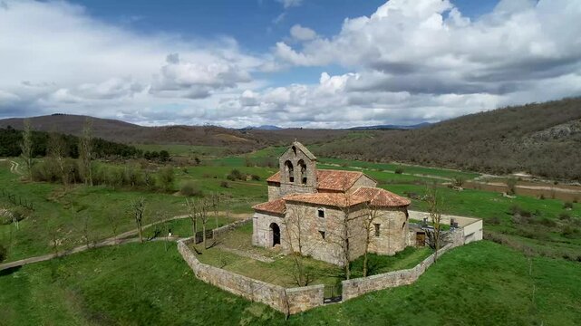 Aerial view of San Esteban Church in Lomilla, Palencia, Spain