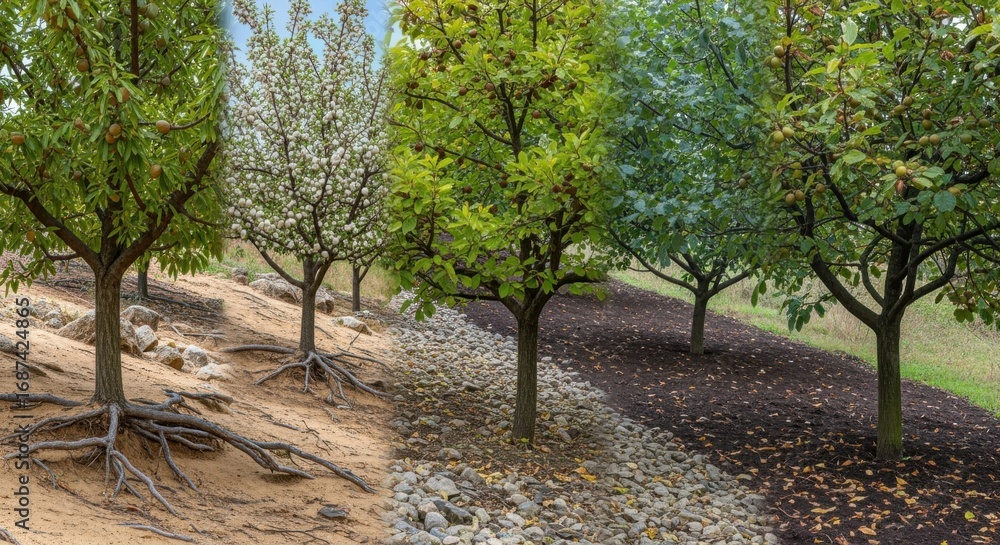 Poster dynamic medium shot of mixed nut tree types in varying soil conditions illustrating adaptability to 