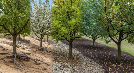 Naklejka premium Dynamic medium shot of mixed nut tree types in varying soil conditions illustrating adaptability to different environmental challenges.
