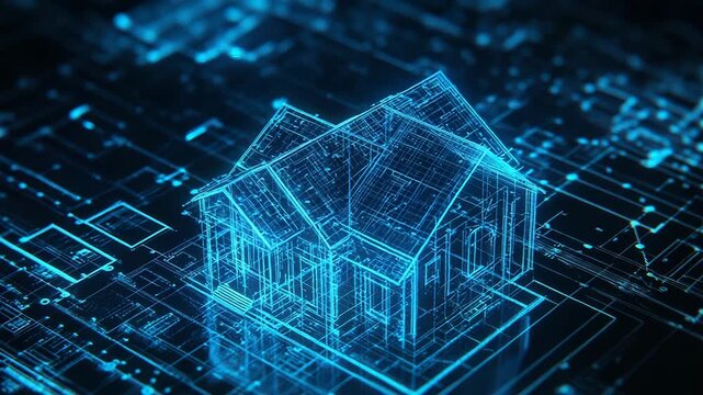 Futuristic wireframe house emerging from blueprint circuit board
