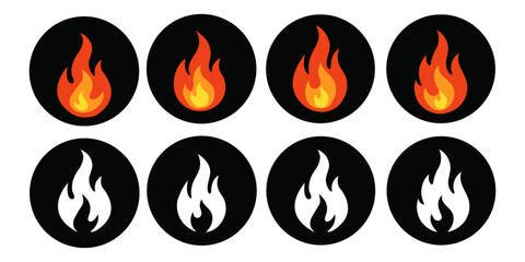 Fire flame flat icon set. Bonfire silhouette logotype. Burning fire flame icons collection isolated on transparent background. Campfire element vector illustration