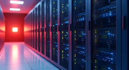 Immersive server room with glowing blue and yellow lights, conveying advanced technology and data processing power for modern businesses.