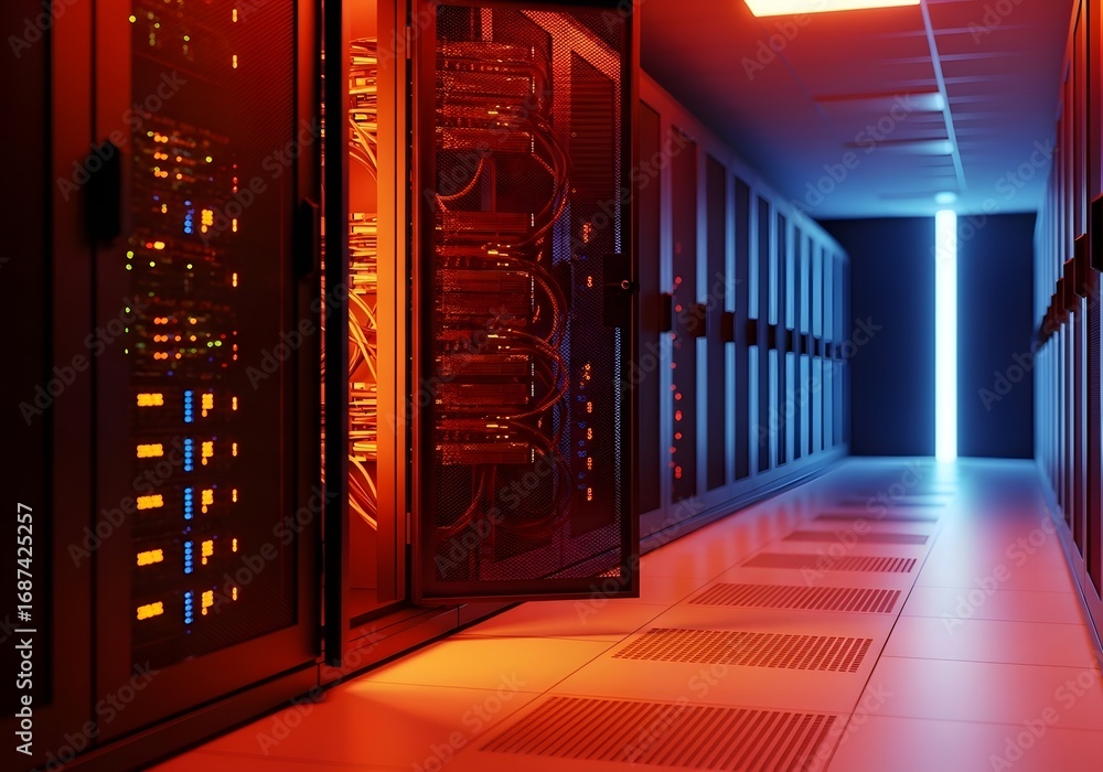 Aufkleber dynamic server room glows with vibrant red and blue lights highlighting modern technology infrastruc