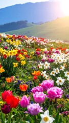 Vibrant flower field against a mountain backdrop