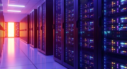 Illuminated server room with rows of blinking lights and glowing panels, creating a futuristic data center atmosphere for technology concepts.