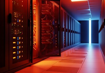 Dynamic server room glows with vibrant red and blue lights highlighting modern technology infrastructure and data center operations