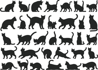Collection of black cat silhouette vector icons showing various cat poses, sitting, walking, stretching, and playing in flat style.