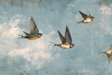 Three swallows in flight against a textured, light blue sky