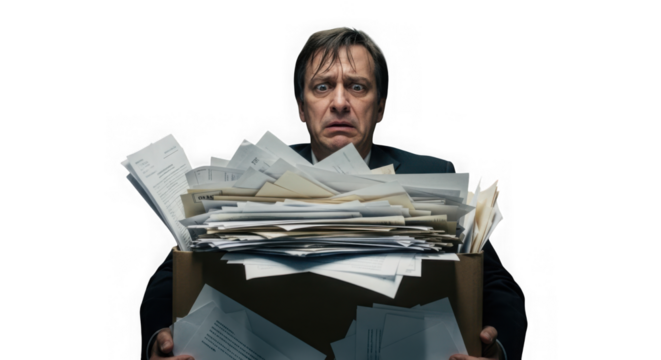 Overwhelmed businessman struggling with excessive paperwork and documents at work transparent background
