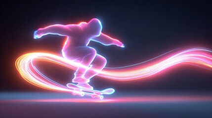 a dynamic figure skating at high speed, with motion blur trails behind to represent swiftness, captured in a dark setting with neon lights highlighting the athlete's performance and energy