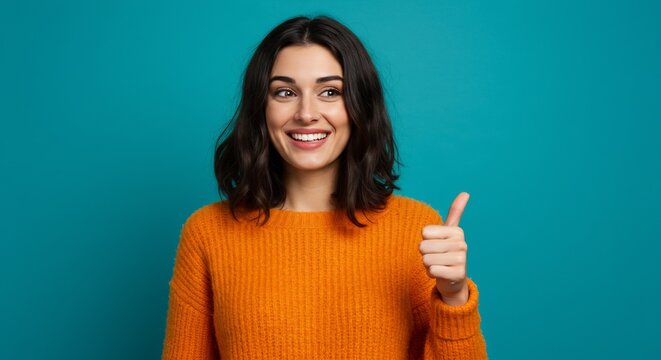 Cheerful Young Woman in Orange Sweater Giving Thumbs Up with a Bright Smile Against a Teal Background, Positive Gesture