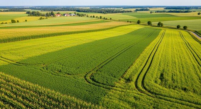 Drone footage captures a diverse triennial crop rotation pattern with corn legumes and cover crops promoting sustainable soil health and biodiversity.