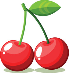 Vector vector art of two red cherries with green stems and leaves, transparent background
