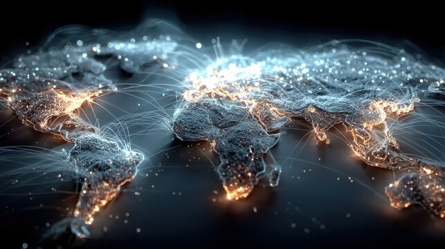 Glowing World Map with Lines Connecting Major Locations and Cities