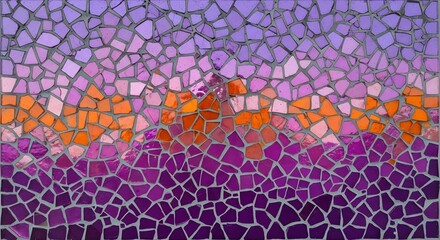 Abstract mosaic of purple orange and blue irregular geometric shapes creating a textured backdrop