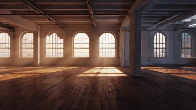Sunlight streaming through large windows in an empty industrial space with wooden floors