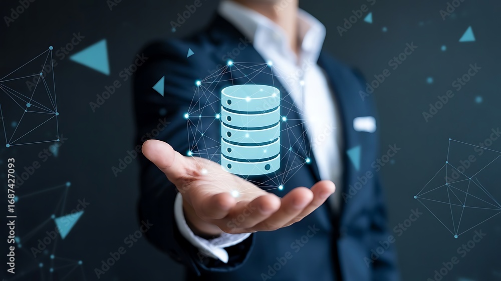 Poster businessman-holding-database-icon-representing-data-storage-networking