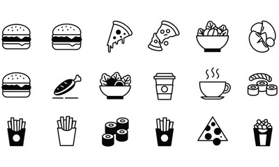Set of food and drink icons with coffee, pizza, burger, sandwich, cake, and dessert in vector illustration