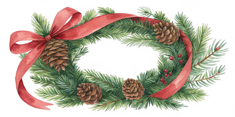 A beautifully crafted wreath features lush evergreen branches adorned with pine cones and bright red berries. AI generated.