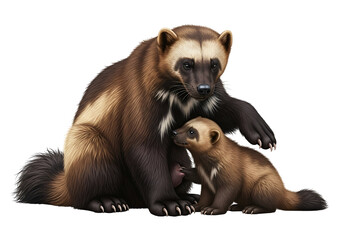 Obraz premium A detailed illustration showcases a wolverine mother and her cub, highlighting the rich fur textures and natural intimacy of the wildlife scene.