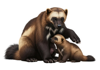 A detailed illustration showcases a wolverine mother and her cub, highlighting the rich fur textures and natural intimacy of the wildlife scene.