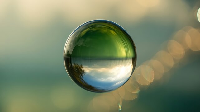 Clear sphere reflecting nature scene water drop reflection