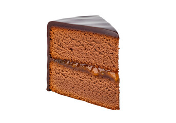 A delectable slice of chocolate cake, richly adorned with dark chocolate icing, showcasing a delectable orange filling between layers.