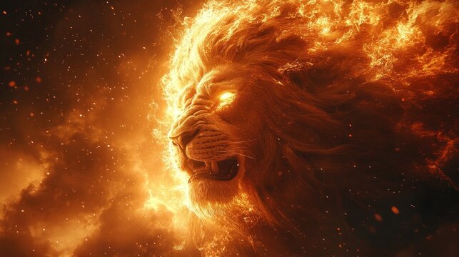 A majestic lion's head engulfed in flames, with glowing eyes, set against a fiery, smoky background.