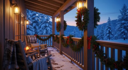 Cozy Winter Porch Scene with Snow and Holiday Decorations