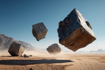 Floating cubes in a desolate desert landscape.  Vast, sandy plain beneath large, grey, cube-shaped rocks suspended in the air.  Clear blue sky above.  Desert mountains in the background