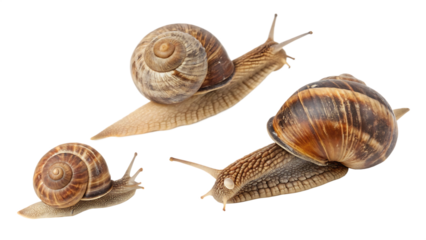 Set of snails cut out isolated on white background PNG. AI GENERATED.  
