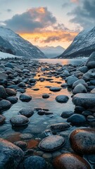 Sunset over Glacial Lake and Rocks
