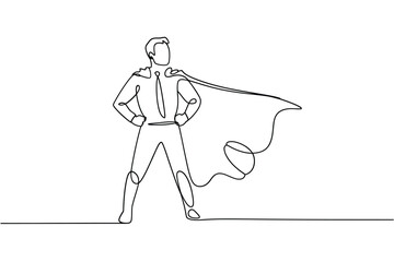 Heroic figure in a cape stands tall in a simple line drawing © MSTASIA