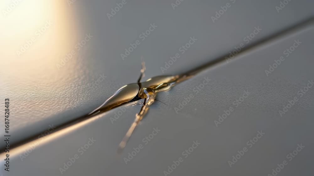 Poster extreme closeup of tiny tile crack repaired with translucent epoxy showing the curing stage and the 