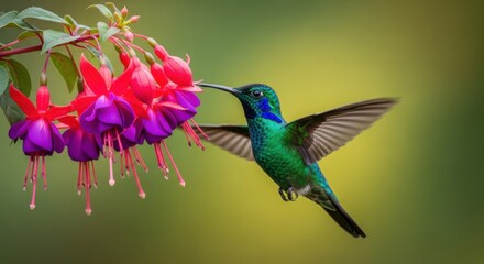 Fototapeta premium Hummingbird drinks nectar from vibrant fuchsia flowers in soft light