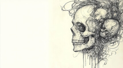 Detailed tattoo design of skull melting into liquid metal with intricate linework and abstract elements, creating surreal and artistic effect