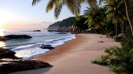 Serene Beach at Sunset with Palm Trees and Calm Ocean Waves