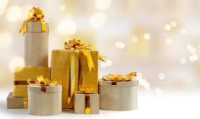 Golden gift boxes for holidays, birthday, promotions, christmas, new year, wedding. Elegant luxury...