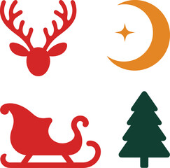 Holiday Icons Set with Reindeer, Sleigh, Tree, and Moon on Transparent BG