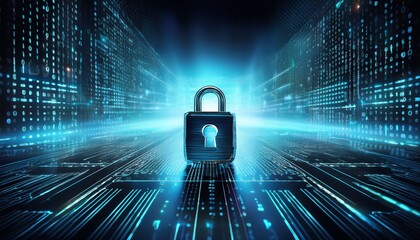 cyber lock representation with futuristic lighting effects and layered binary sequences behind