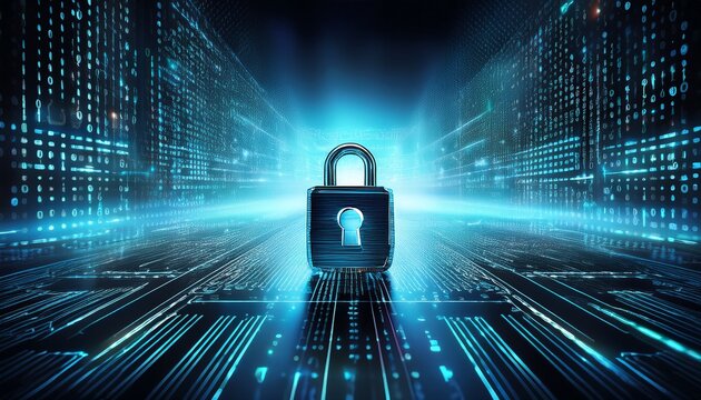 cyber lock representation with futuristic lighting effects and layered binary sequences behind