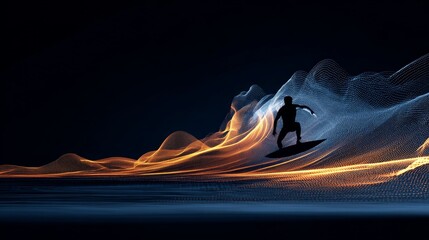 a surfer riding a wave in front of a vibrant digital background composed of various bright colors that resemble a constellation of stars