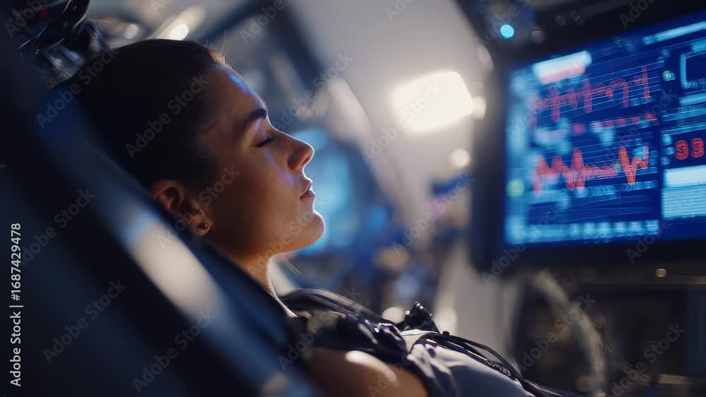 Aufkleber medium shot capturing the gforce cardio monitor data in crisp detail space tourists body positioned 