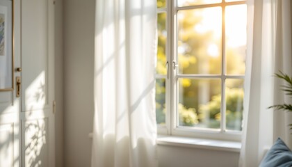 Fototapeta premium a tranquil setting featuring a brightly lit room with sunlight streaming in through open curtains