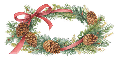 A beautifully arranged wreath features lush pine branches adorned with pinecones and a vibrant red ribbon. AI generated.