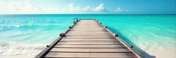 Fototapeta premium Serene beach dock extending into calm turquoise water, sunlit planks, gentle waves lapping, peaceful summer scene Ideal for travel, vacation, and relaxation themes , serene, landscape
