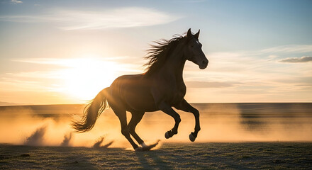 A majestic horse gallops freely across a sunlit, open field during sunset.