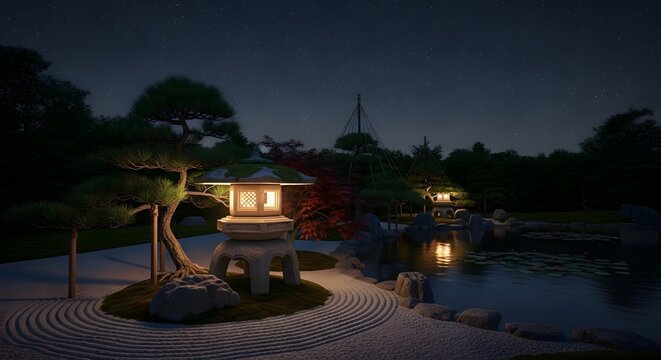 Tranquil evening scene in a beautiful Japanese zen garden featuring a glowing stone lantern, calm water, and meticulously raked sand - Powered by Adobe