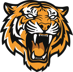 An illustration of a fierce tiger head roaring with visible teeth, stripes, and orange and black fur.