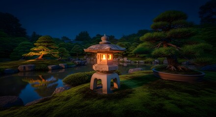 Obraz premium Tranquil Night Scene Japanese Garden with Stone Lantern Illuminating the Landscape